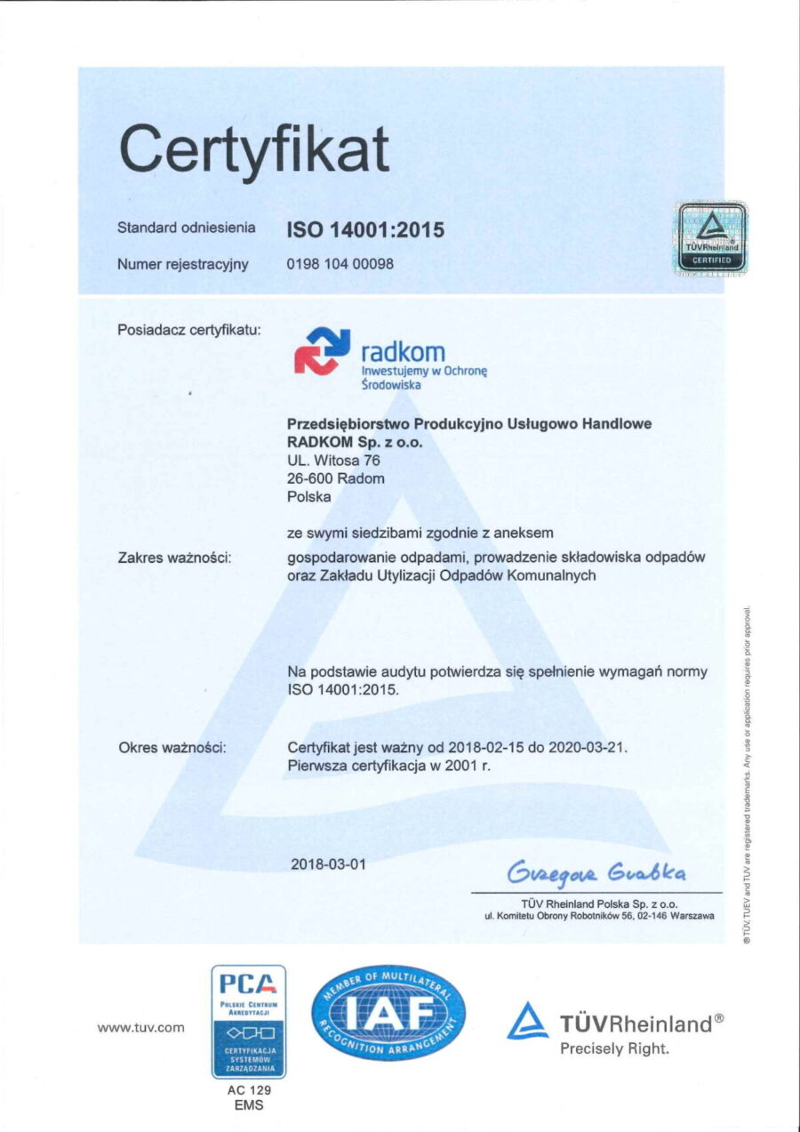 Certyfikat ISO 14001:2015 RADKOM 