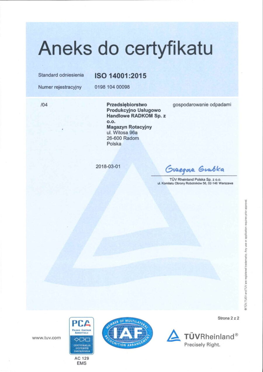 Aneks do Certyfikatu ISO 14001:2015 RADKOM 